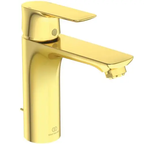 Mischerarmatur in Brushed Gold von Ideal Standard, mit einem geschwungenen Auslauf und einem Hebel zur Temperatur- und Wassermengenregulierung.